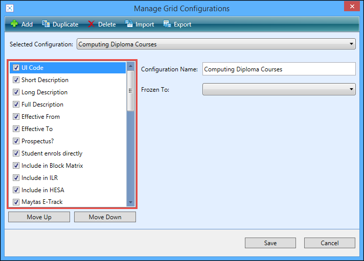 Manage Grid Configurations window - column options